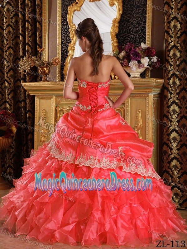Strapless Watermelon Organza Pick-ups Quinceanera Gowns Ruffled