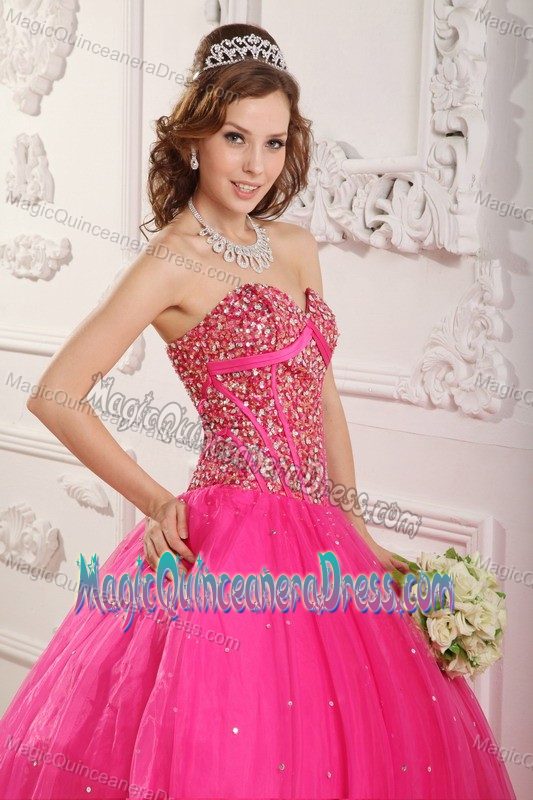 Sweetheart Satin and Organza Hot Pink Beaded Quinceanera Dresses