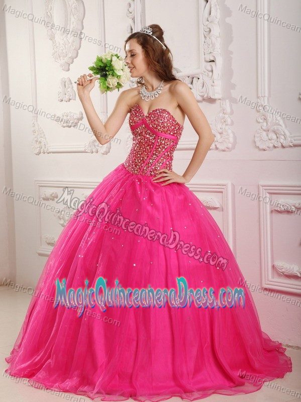 Sweetheart Satin and Organza Hot Pink Beaded Quinceanera Dresses