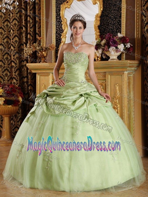 Beaded Yellow Green Tulle and Taffeta Quinceanera Dress on Sale