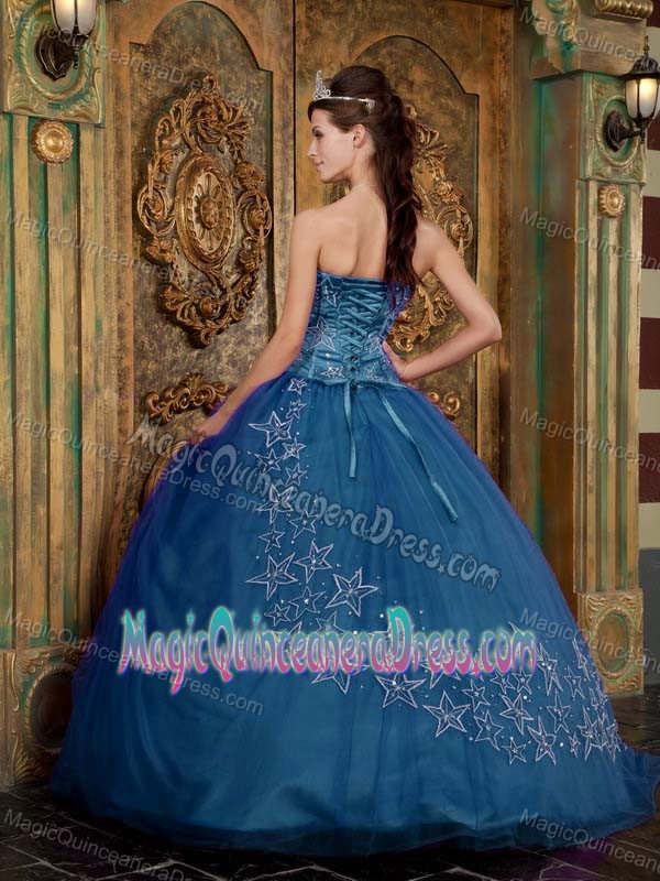 Teal Tulle Sweetheart Star Appliques Sweet 15 Dresses in Bamberg