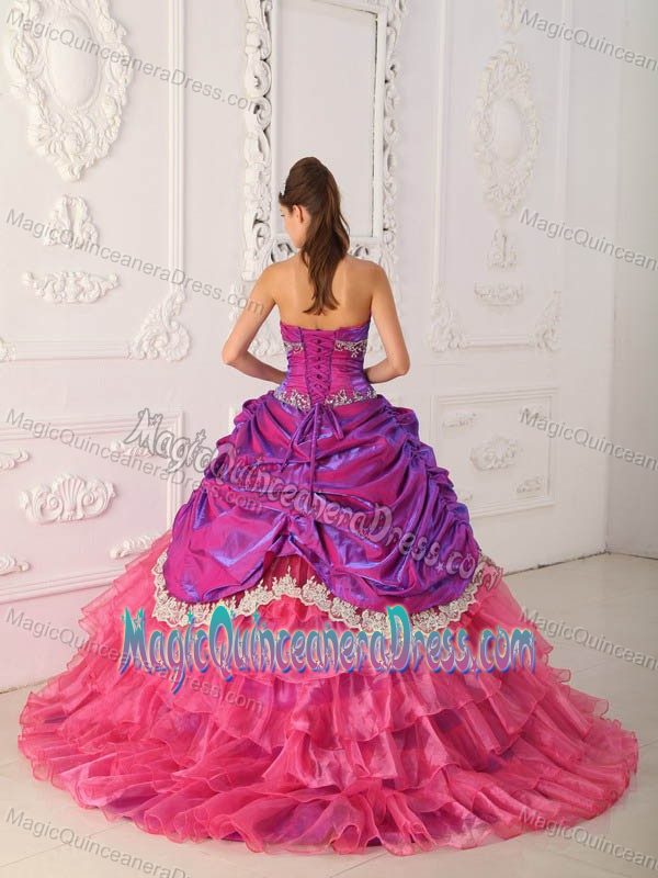 Fuchsia Strapless Lace and Appliques Quince Dresses in Andalusia