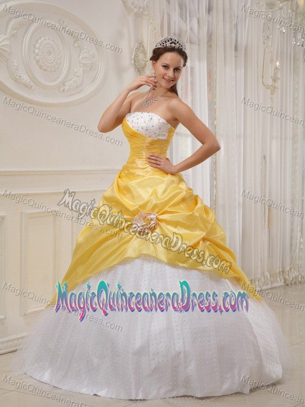 Yellow Strapless Taffeta and Tulle Beading Quinceanera Dress in Aliceville