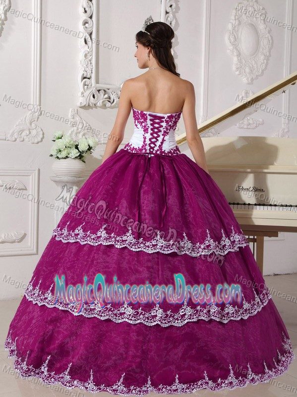 Fuchsia and White Strapless Appliques Sweet Sixteen Dresses in Addison