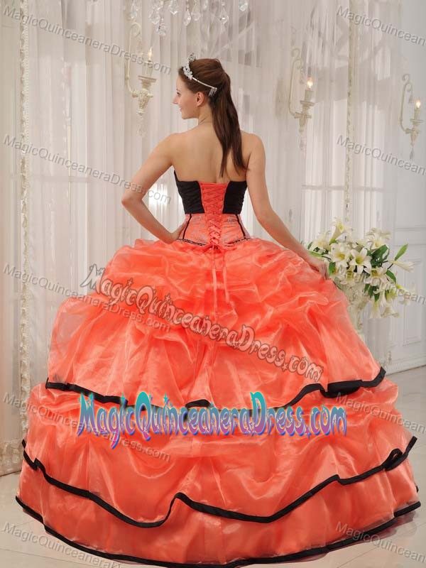 Strapless Beading Style Dress For Quinceaneras with Orange and Black Ruffles
