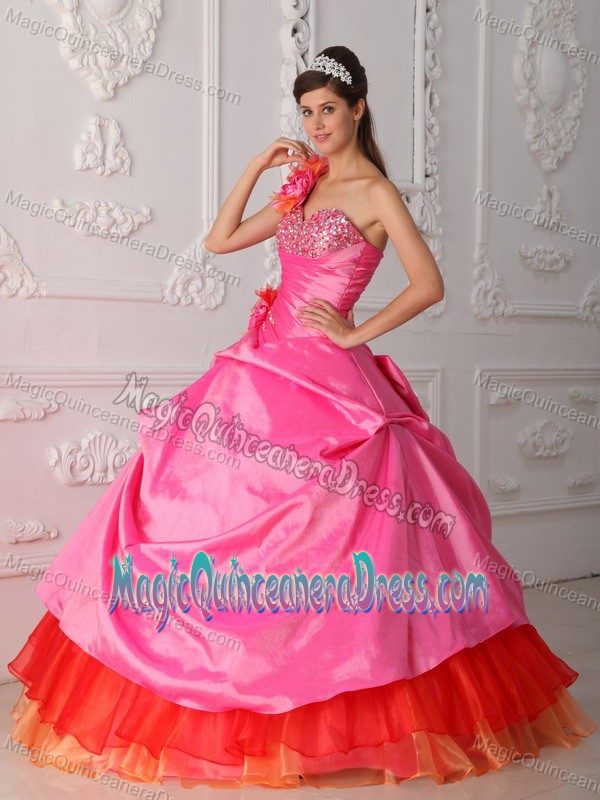 Rose Pink One Shoulder with Hand Flower Beadings Quinceaneras Dress