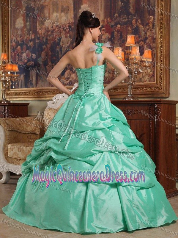 One Shoulder Hand Flowers Taffeta Quinceanera Dress in Delta with Pick-ups