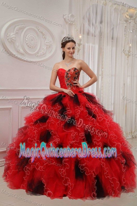 Red and Black Sweetheart Beading and Ruche Dress For Quinceaneras in Decatur