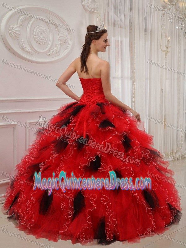 Red and Black Sweetheart Beading and Ruche Dress For Quinceaneras in Decatur