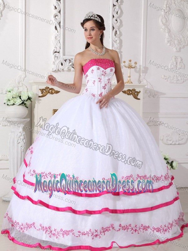 Embroidery for White and Hot Pink Beaded Quinceaneras Dress in Dadeville