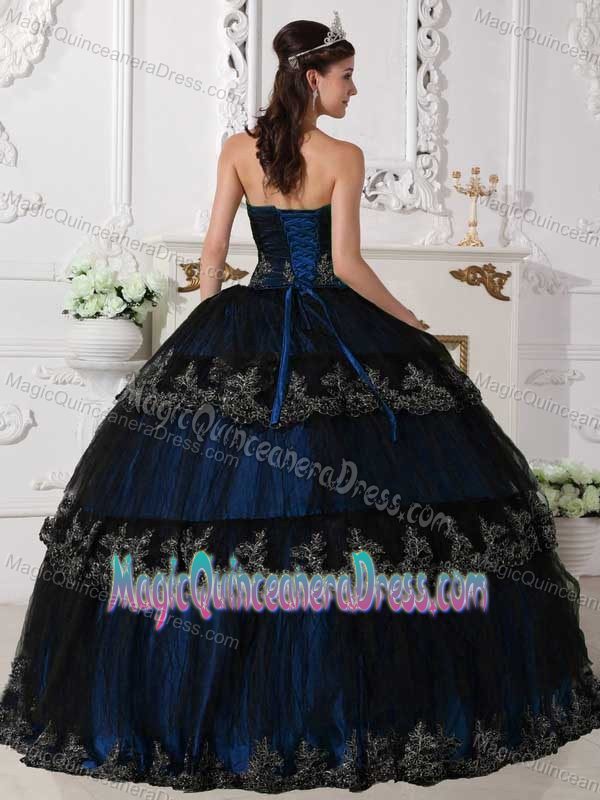 Appliques for Blue Strapless Taffeta Tulle Quinceanera Dresses in Courtland