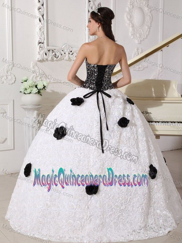 Sequins and Flowers Accent White and Black Strapless Dress For Quince