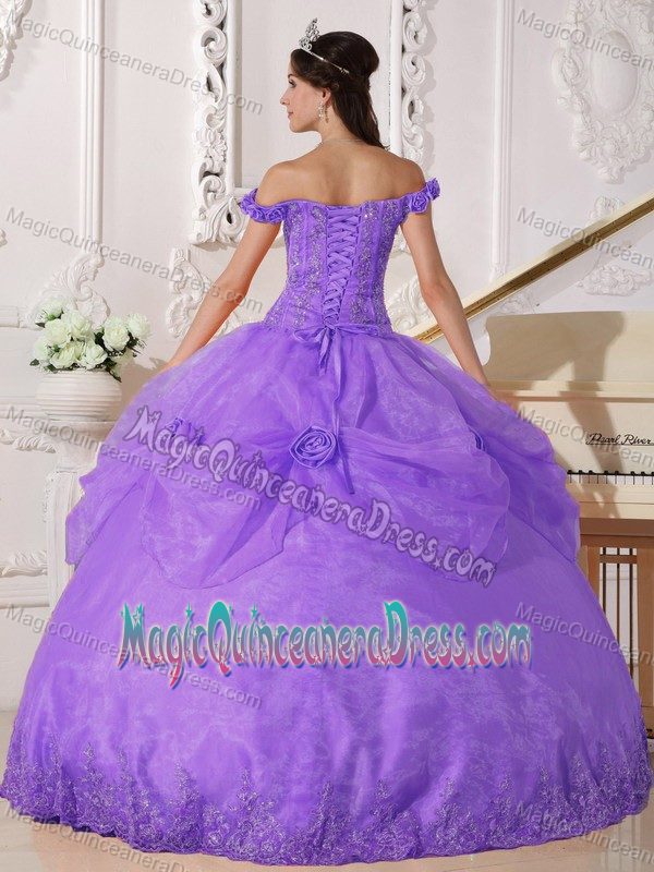 Off The Shoulder Appliques and Flowers for Quinceanera Gown in Purple
