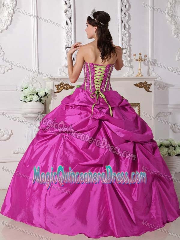 Elegant Fuchsia Strapless Beading and Flowers Accent Quinceanera Gown