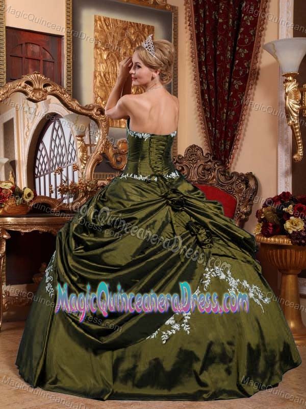 Olive Green Sweetheart Dress For Quince with Appliques and Pick-ups