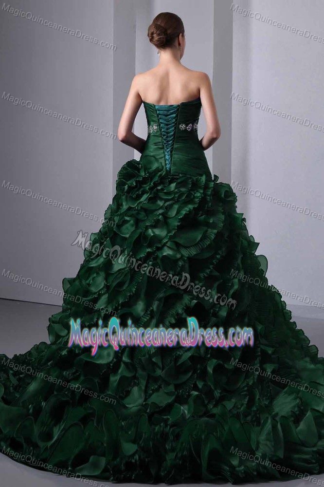 Navy Blue Strapless Brush Dress For Quinceanera with Ruffles and Ruche