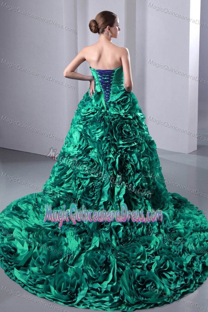 Sweetheart Brush Turquoise A-Line Ruche and Flowers Dress for Quince