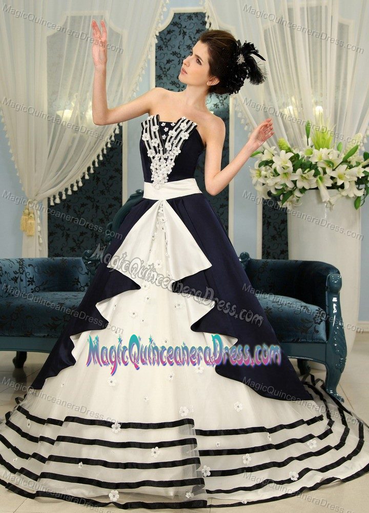 Navy Blue And White Court with Appliques Accent Quinceaneras Dress
