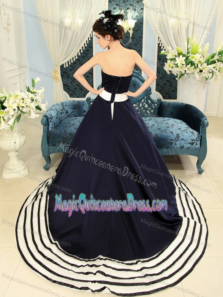 Navy Blue And White Court with Appliques Accent Quinceaneras Dress