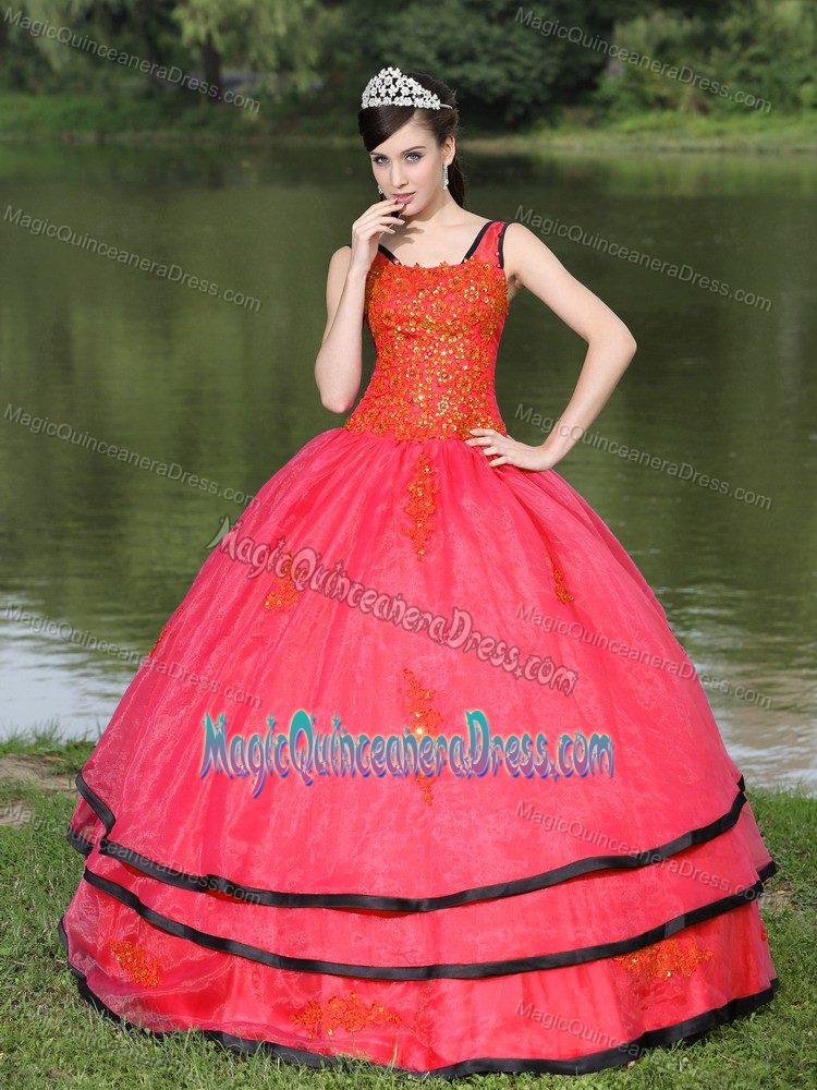 Eufaula Long Sleeves and Appliques Decorate Red Dress For Quinceanera