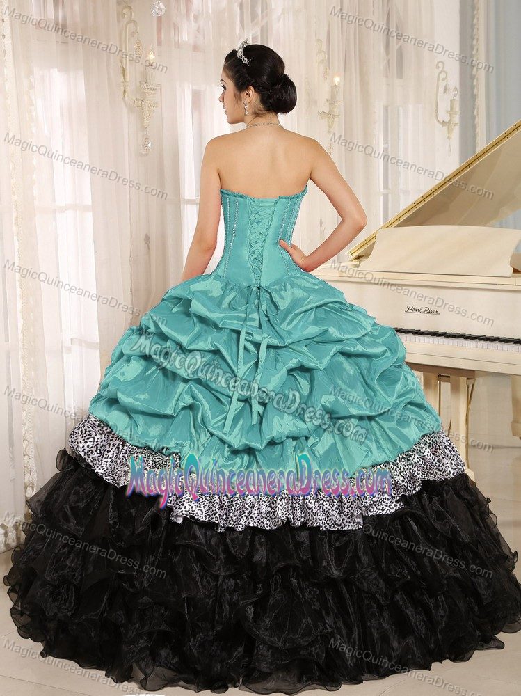 Turquoise and Black Sweetheart Quinceanera Gown Dresses with Ruffles