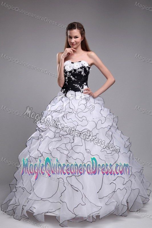 White Sweetheart Dress for Quince in Daphne with Appliques and Ruffles