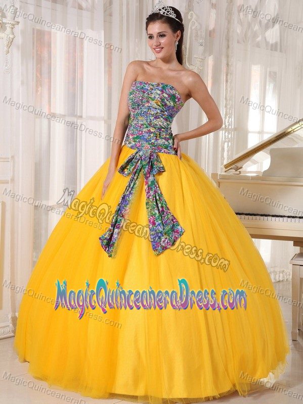 Tulle and Printing Yellow Quinceanera Gown Dresses Sequins Accent