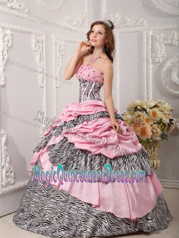 2013 Romantic Taffeta Zebra Beaded Pink Quinces Dresses with Pick-ups