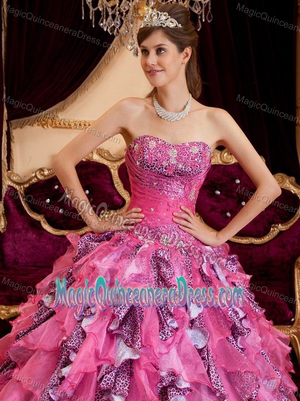 Hot Pink Sweetheart Beading Leopard Dress For Quinceanera in Clay