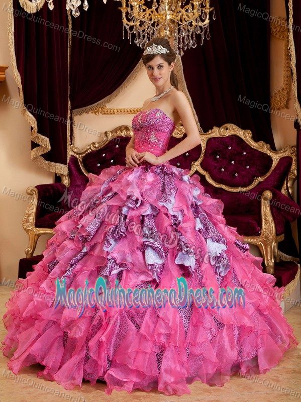 Hot Pink Sweetheart Beading Leopard Dress For Quinceanera in Clay