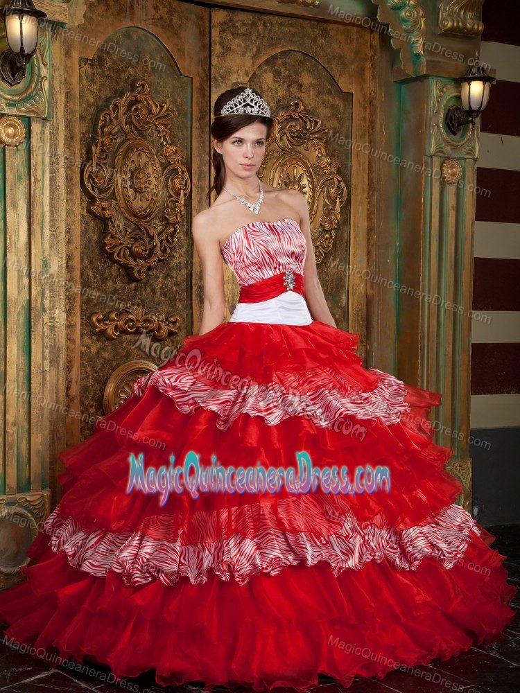 Strapless Red Quinceanera Gown Dresses in Centre with Zebra and Ruffles