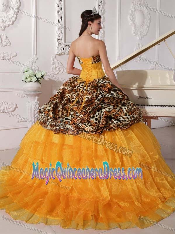 Orange Sweetheart Leopard Appliques Quinceanera Dresses with Brush