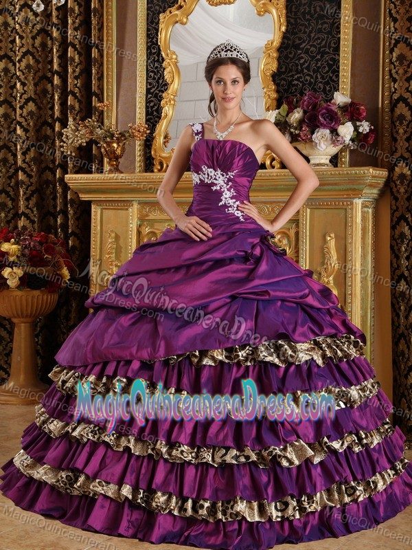 One Shoulder Leopard Purple Sweet 15 Dresses in Bon Air Appliques Decorate