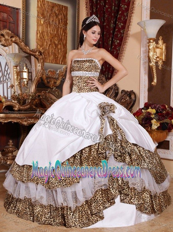 White Ball Gown Strapless Leopard Beading Quinces Dresses in Auburn