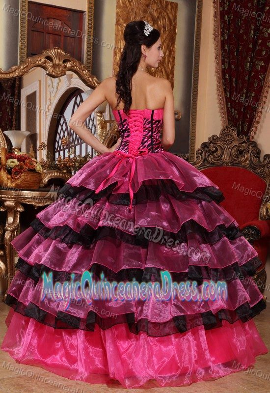 hot Pink and Black Sweetheart Ruffles Accent Dress For Quince in Ashville