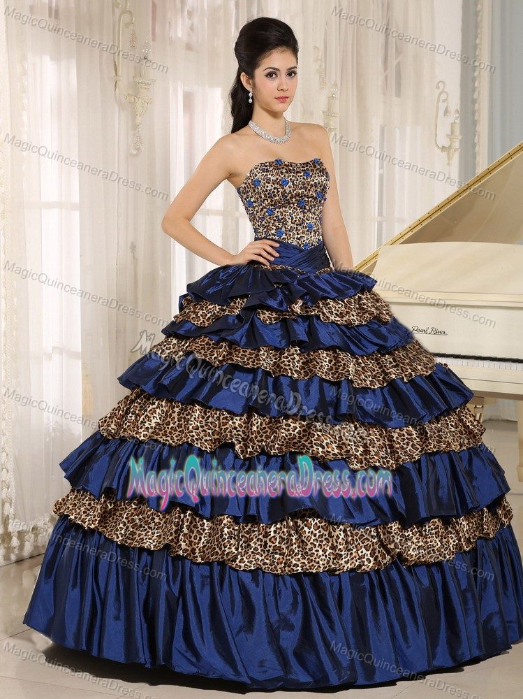 Navy Blue Leopard Ruffled Layers and Appliques With Beading Sweet 16 Dress