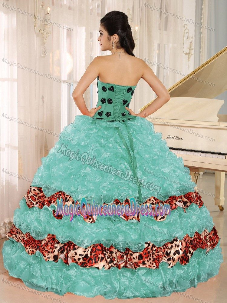 Ruffles and Appliques for Leopard Apple Green Sweet 15 Dresses in Alpine