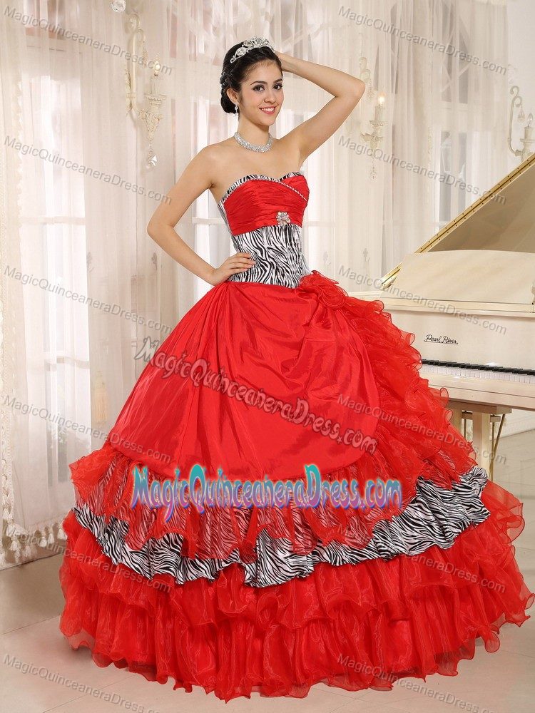 Coral Red with Ruffles and Beading Quince Dresses in Alabaster Zebra Style