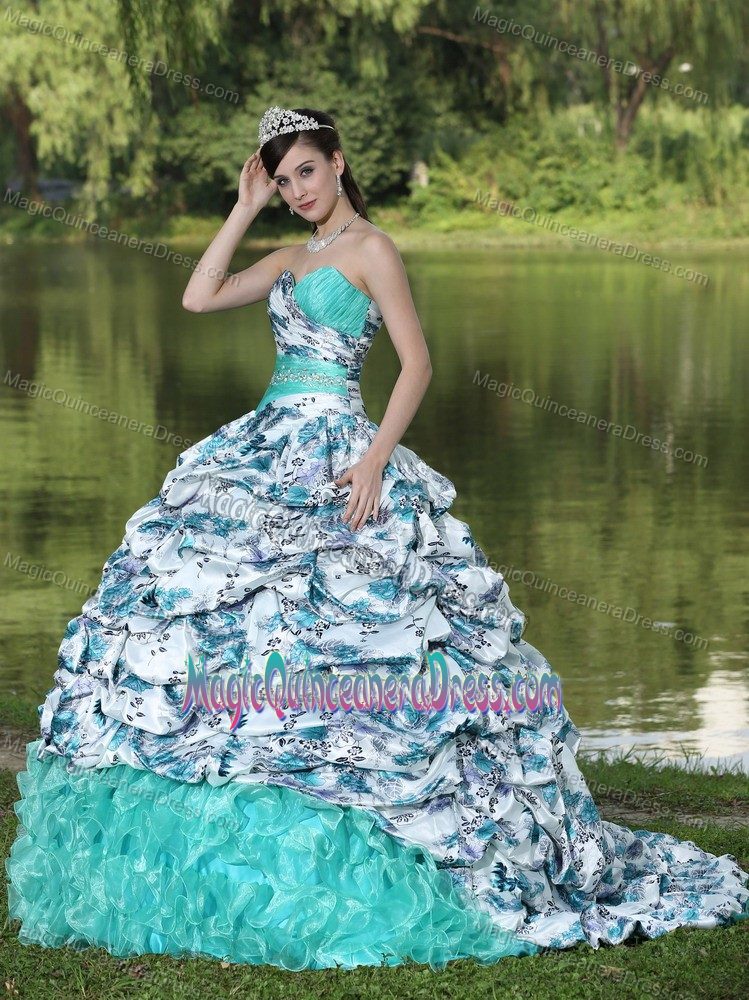Pick-ups and Ruffles for Colorful Printing Beaded Brush Quinceanera Dress