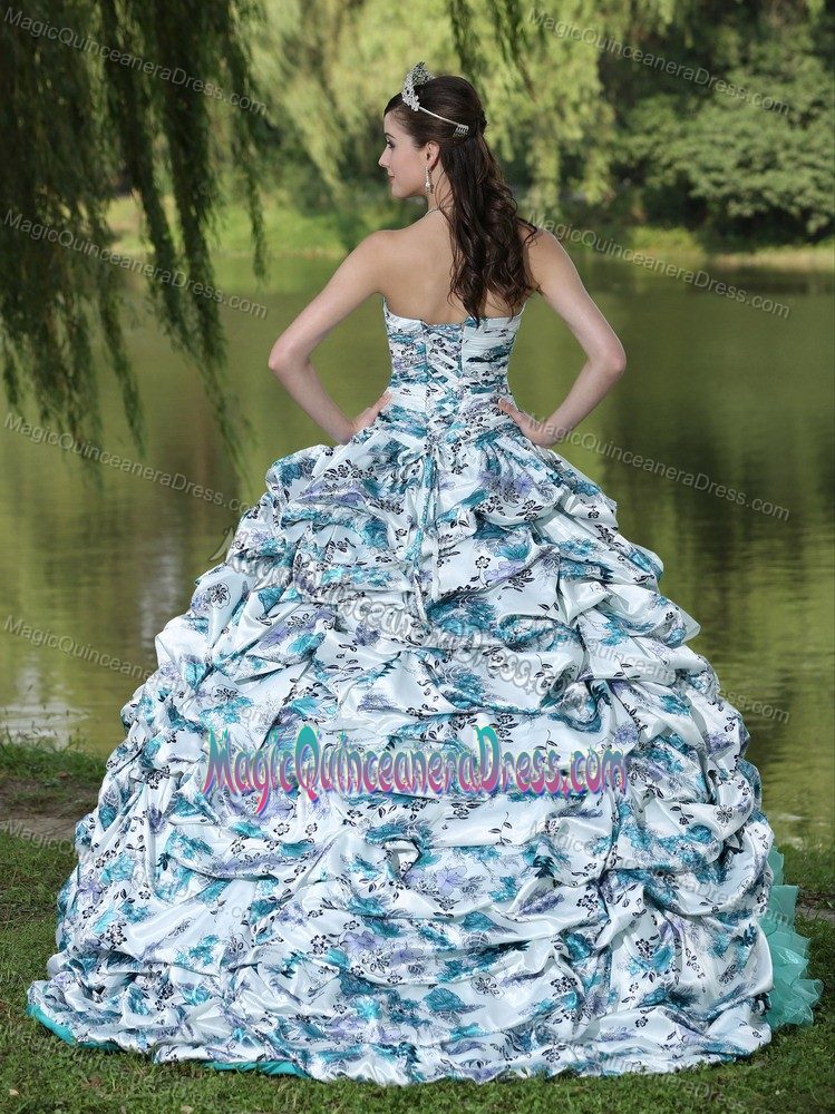 Pick-ups and Ruffles for Colorful Printing Beaded Brush Quinceanera Dress