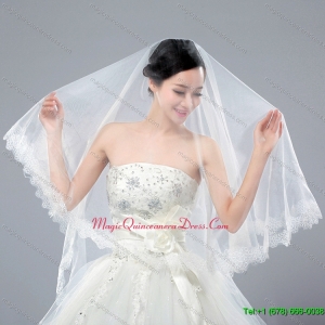 One Tier Angle Cut Wedding Veils with Lace Appliques Edge