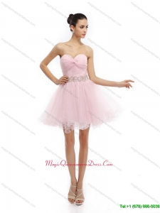 Affordable and Cute Baby Pink Sweetheart Ruching Short Dama Dresses for 2015