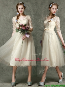 Romantic V Neck Half Sleeves Dama Dress with Lace and Belt