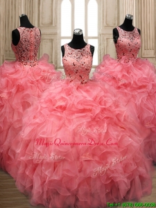 Perfect Scoop Beaded and Ruffled Quinceanera Dress in Watermelon Red