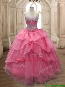 Unique Watermelon Red Organza Quinceanera Dress with Beading and Ruffled Layers