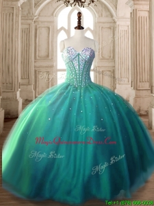 Visible Boning Beaded Bodice Tulle Quinceanera Dress in Turquoise