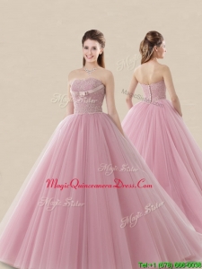 Luxurious Strapless Brush Train Sweet 16 Dress with Lace and Bowknot