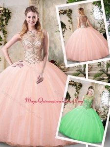 Modest Bateau Peach Quinceanera Dresses with Beading