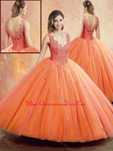 Formal Straps Orange Sweet Quinceanera Dresses with Beading and Appliques