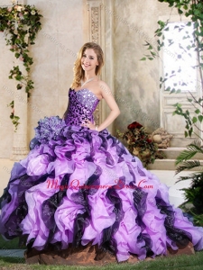 Leopard and Ruffled Lavender and Dark Purple Quinceanera Gown with Brush Train